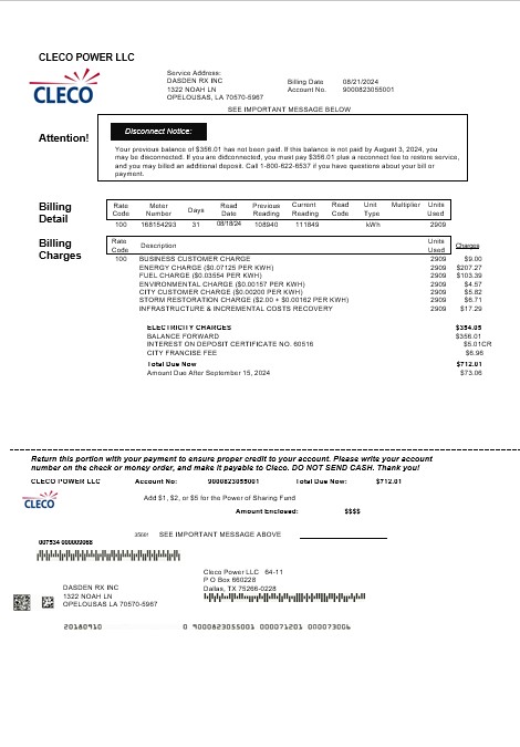 USA Louisiana Cleco Power electricity business utility bill template in Word and PDF formats